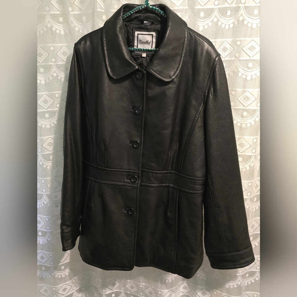 Excelled Collection Women's 2XL Black 100% Leather Button Jacket Quilted Lining